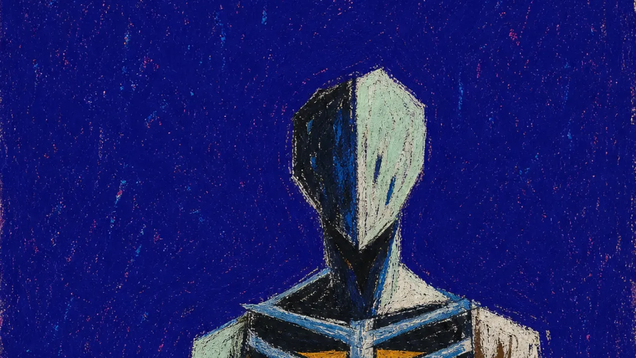 Sealed Ribs, Narrow Light A solitary figure with ribs shaped like a sealed corridor, steel blue edges squeezing thin amber gaps in deep indigo space