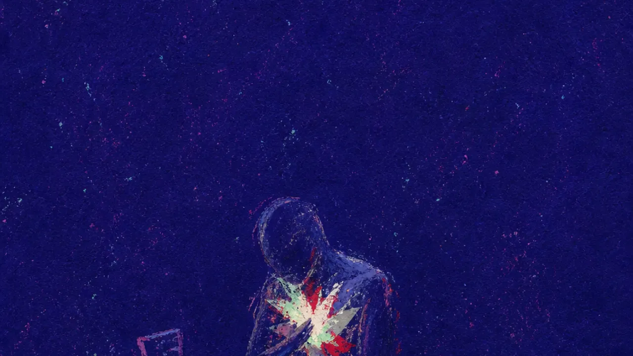 Almost ready, still exposed A solitary figure with a tight chest and lowered gaze, surrounded by visible tools in raw red and cold grey space