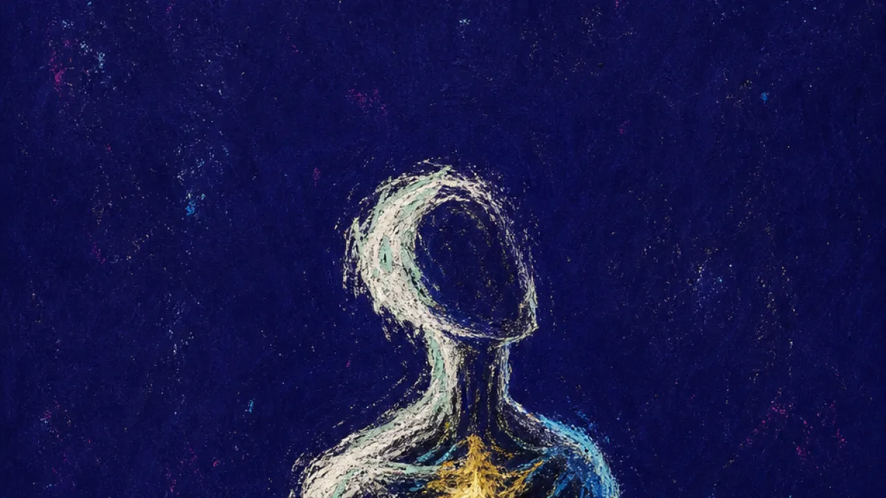 Breath Under a Narrow Light A solitary figure in dark space with ribcage tension, warm gold thinning into cold blue beneath a suspended slit of light