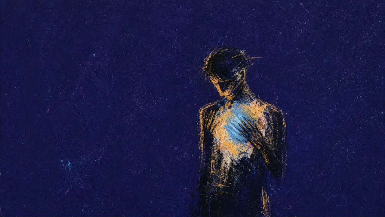 Weight Without a Witness A solitary figure with a dark weight at the chest, pale amber edges pressed into deep indigo negative space.