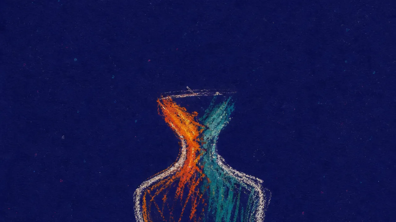 A solitary figure in dark space, throat lit ember orange, cold teal edges pressing the body into a smaller outline