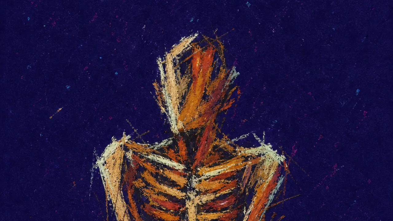 A solitary figure with braced shoulders and ribcage, rust amber pressure held inside deep indigo space
