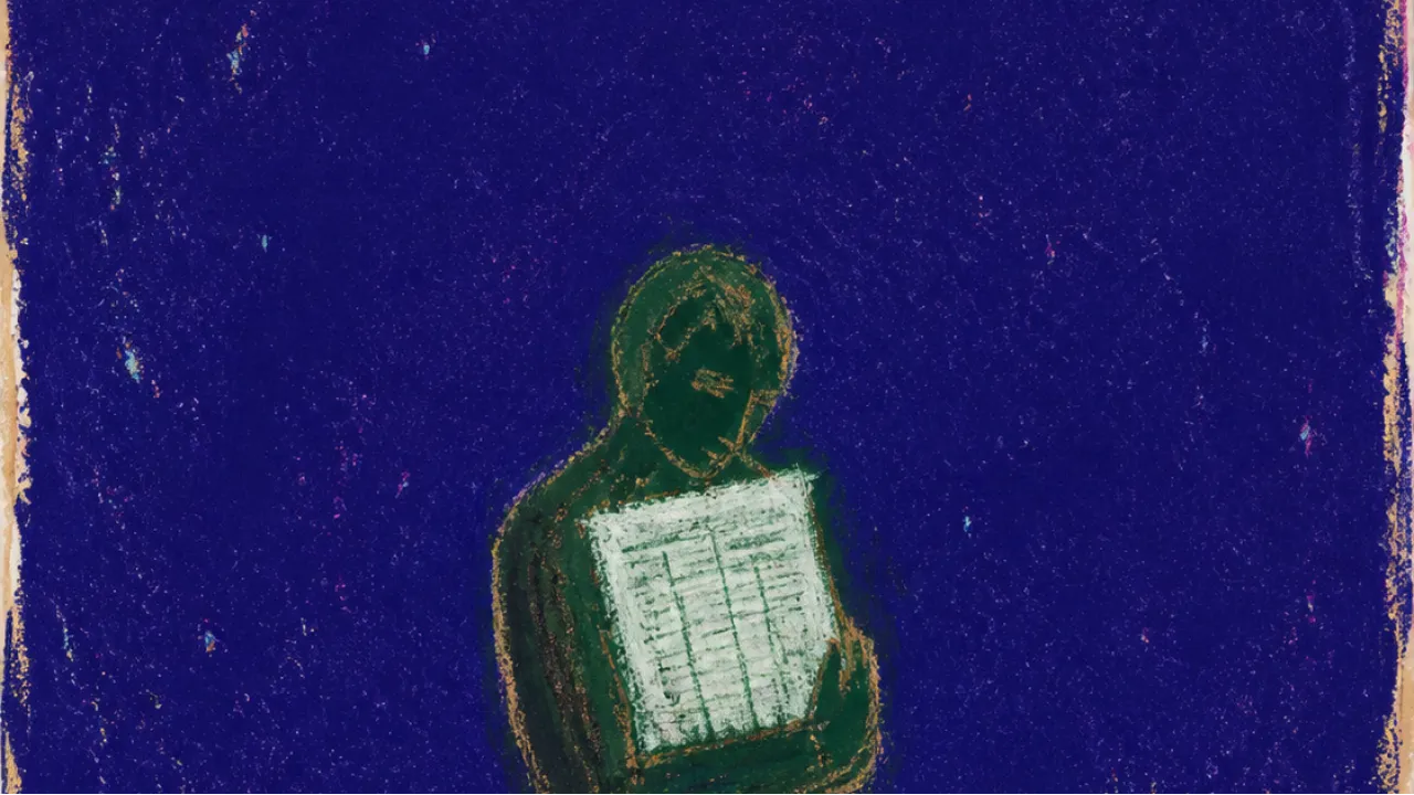 A solitary figure with a still weighted chest, pale lines and green facets arranged like evidence in deep indigo space