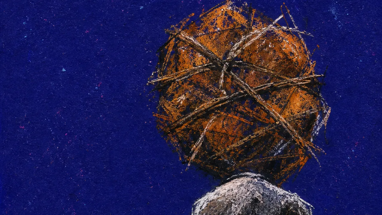 A solitary figure bent under an unseen bundle, rust amber pressure pressing into a deep indigo space