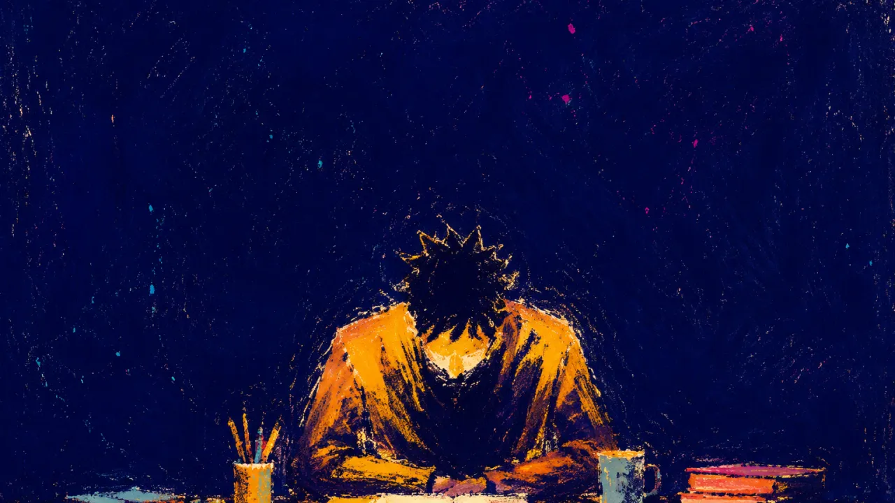 Amber Held Above the Table A solitary figure with settled shoulders above a stable table, warm amber edges meeting deep indigo space.
