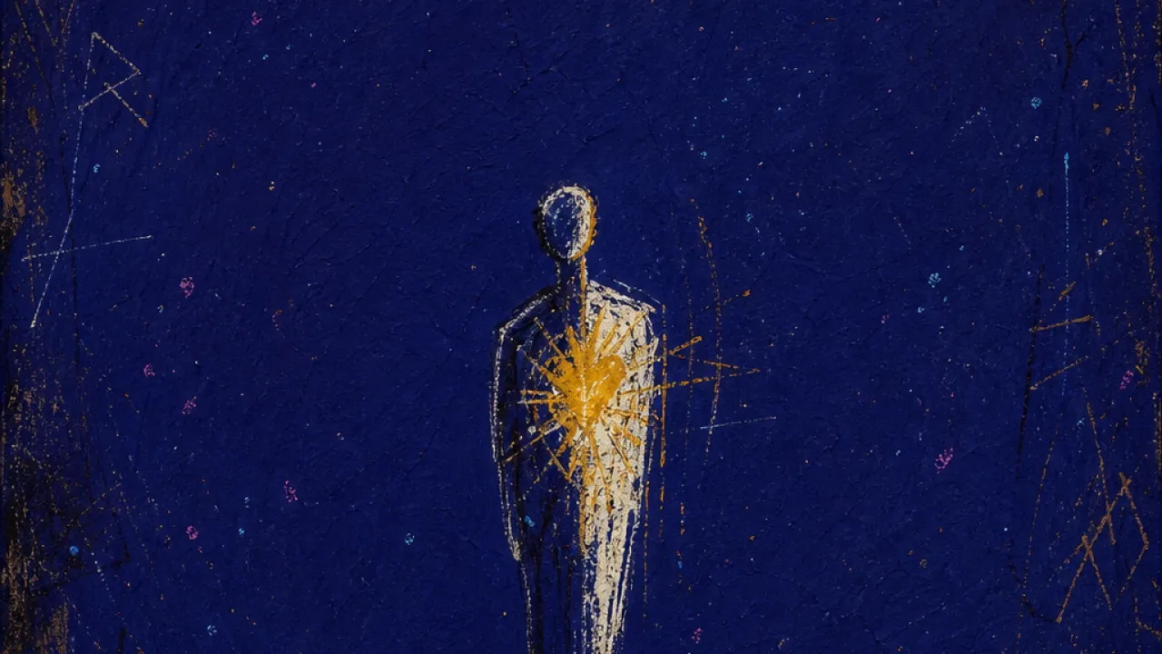 A solitary figure with a braced chest, warm gold edges stopping against cold indigo space and a visible floor line