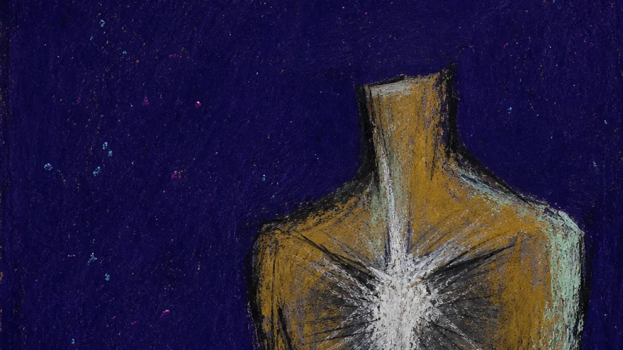 Too Clean to Hold Warmth A solitary figure with a clean-lit hollow chest, cold silver light pressing into dry ochre against deep indigo