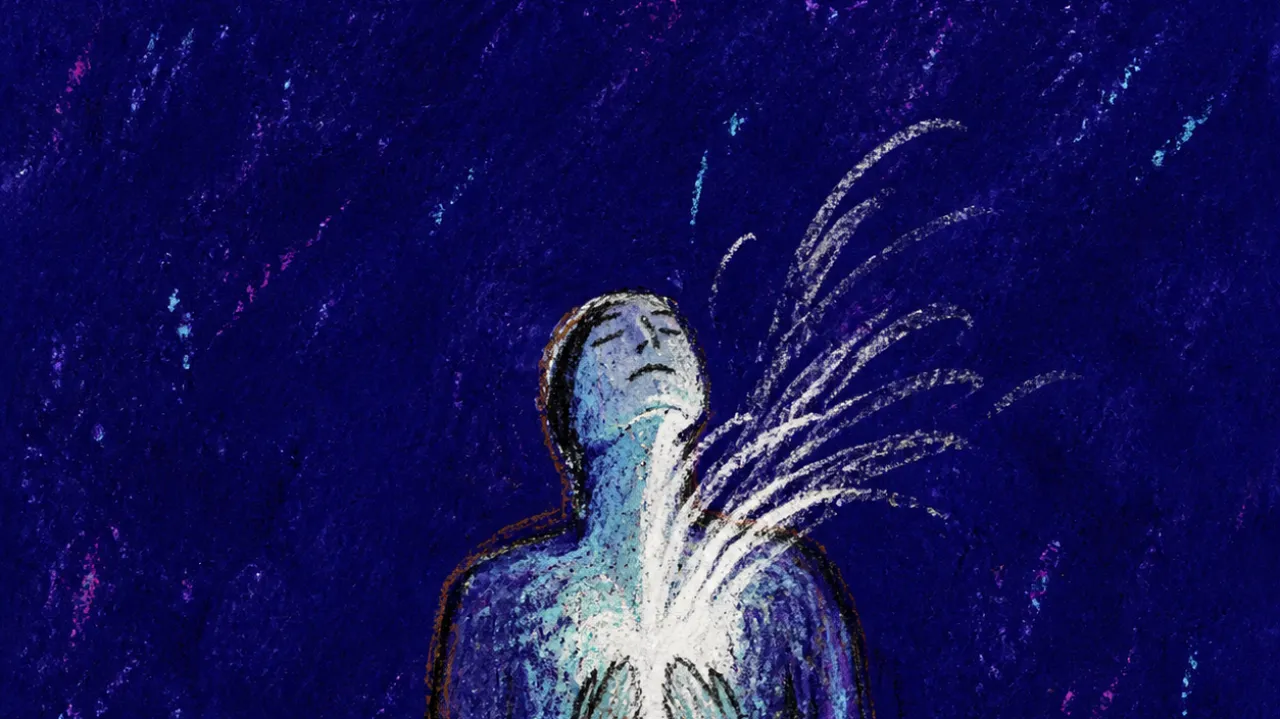 A solitary figure with a bright line opening through chest fog, silver white air cutting into deep indigo space