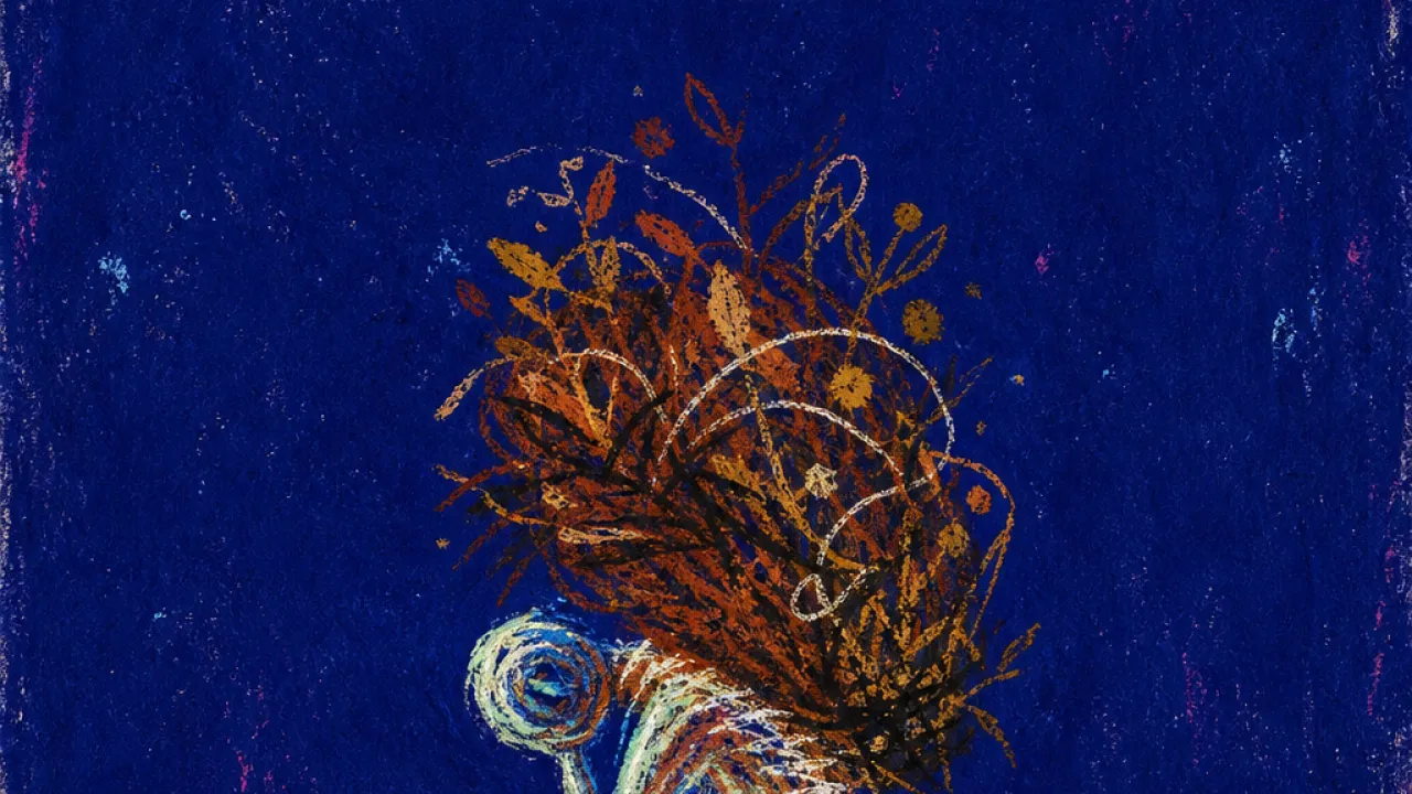 Bent beneath the living load A solitary figure bent under living wands, shoulders compressed by rust amber weight against deep indigo space