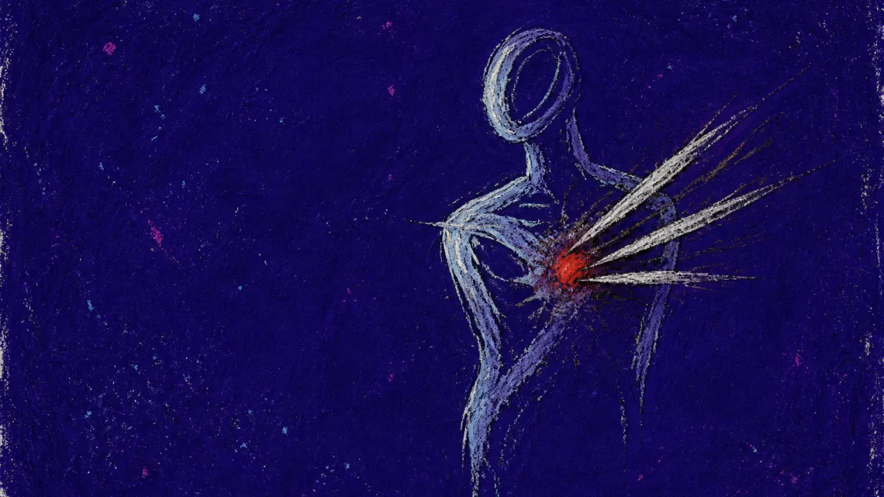 Cold Steel at the Center A solitary figure with a red chest center pierced by cold steel lines, silver edges cutting through deep indigo space