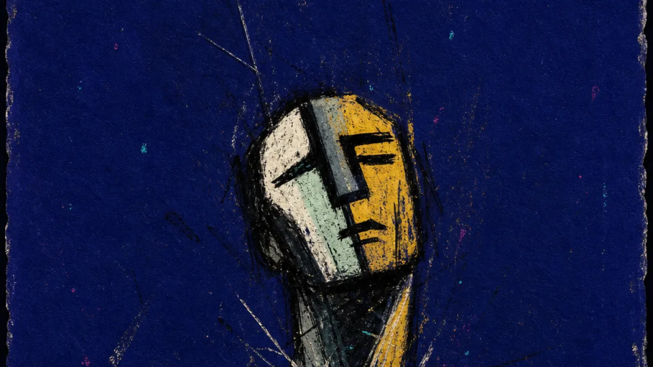 Still Braced Afterward A solitary figure with raised shoulders and a tight jaw, grey-blue space vibrating around scattered blade-like lines