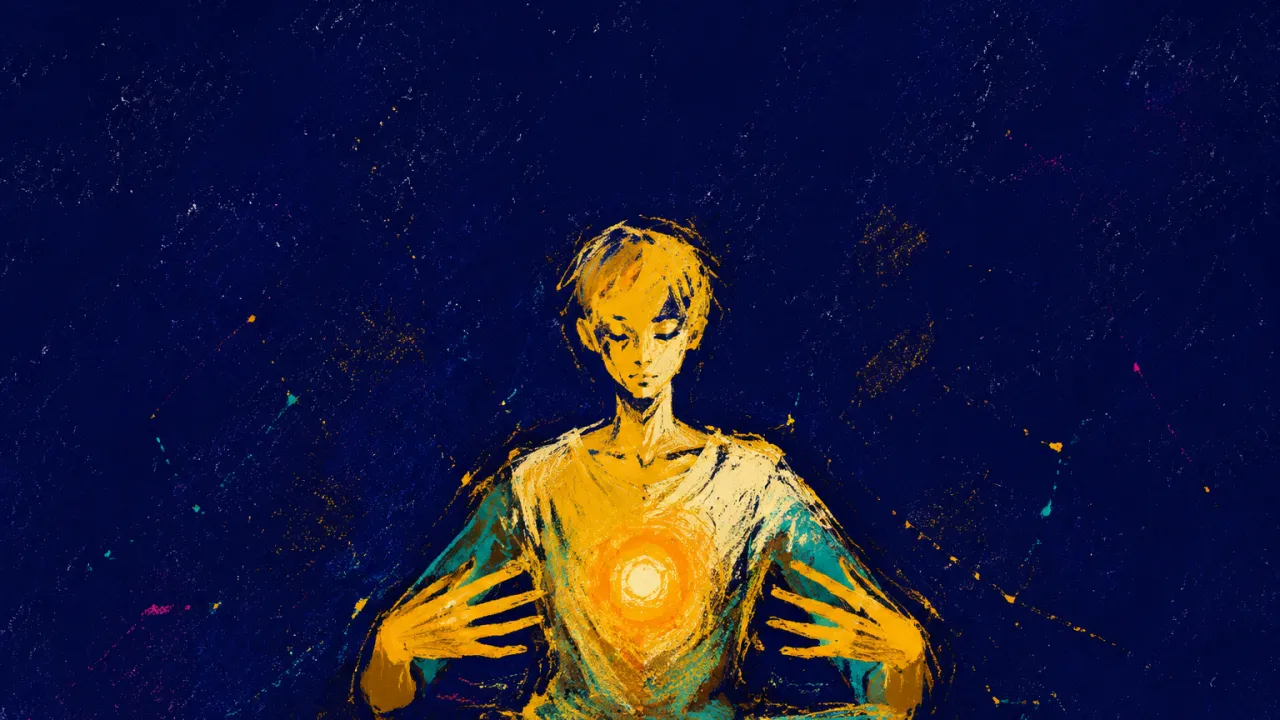 A Quiet Axis of Light A solitary upright figure with settled shoulders, hands suspended beside one amber point, and a clear axis in deep indigo.