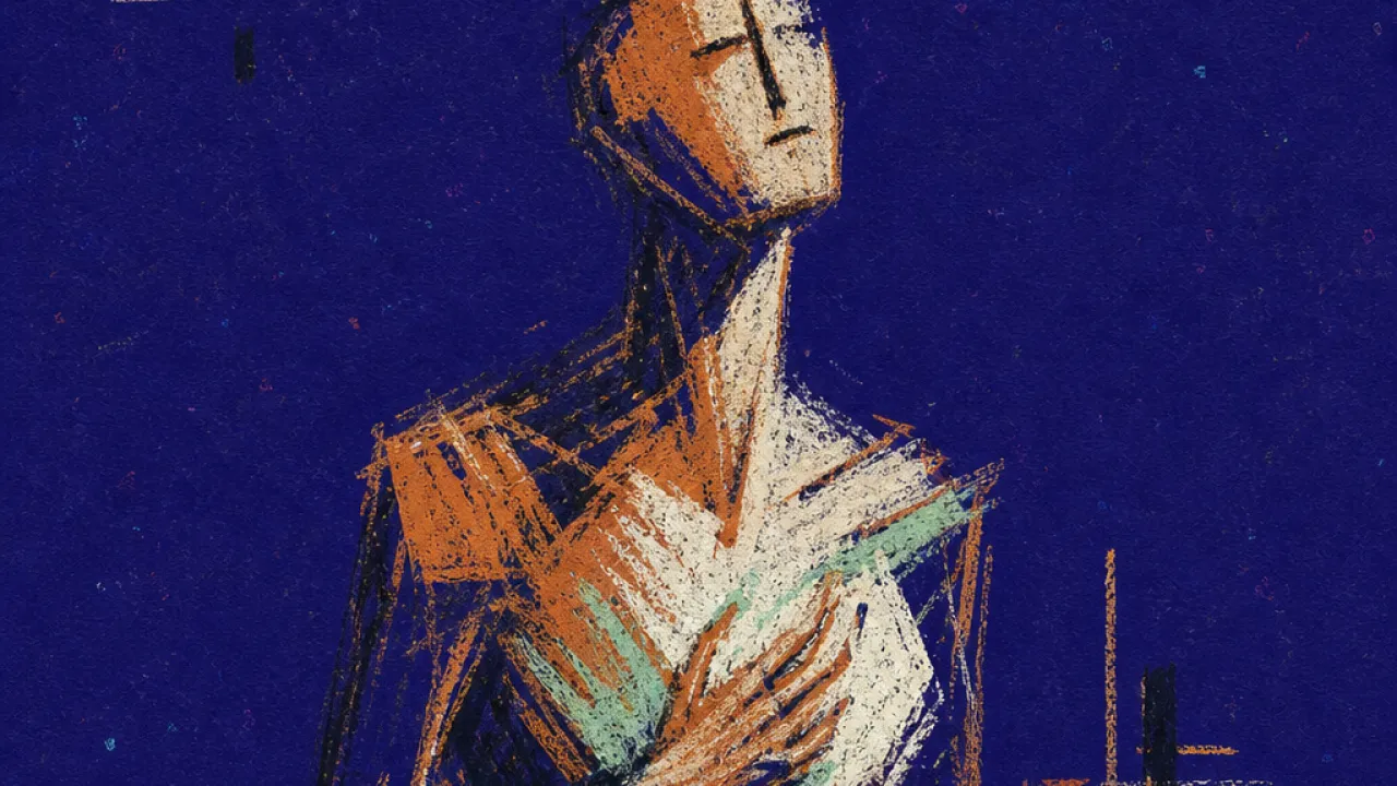 A solitary figure with a lifted chest encased in copper armor, cold indigo space pressing around the body