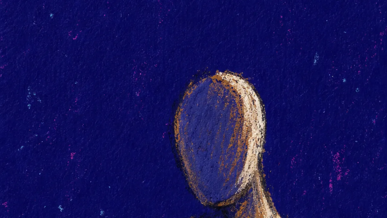 A solitary figure with a tight chest in pale distance, cool grey-blue space separating warm fading shapes