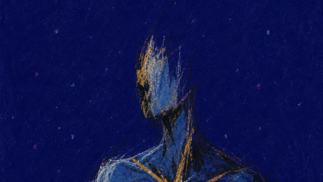 A solitary figure in dark space, tight rib lines and bare blade shapes pressed through cold blue and cut amber light