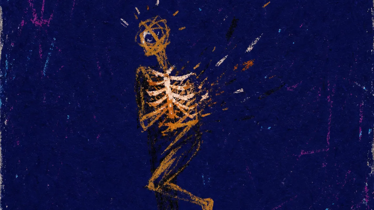 Breath Before the Step A solitary figure with tight ribs, one foot lifted between warm ground and open blue-black space