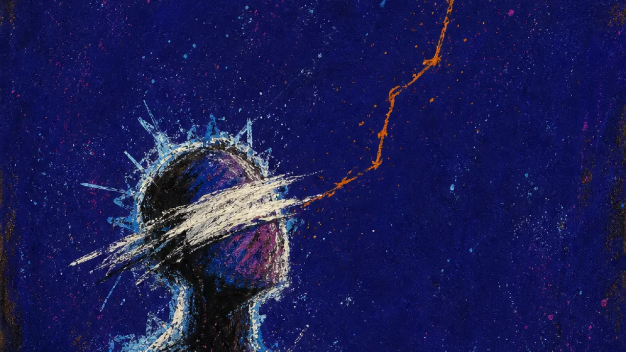 One Line Beyond Reach A solitary figure with wrapped eyes, a sharp amber line just beyond reach in deep indigo negative space.