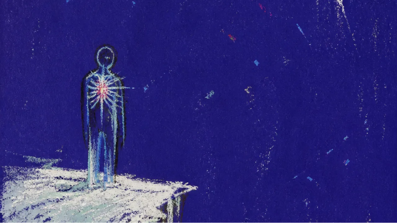 A solitary figure in dark pooled space, chest held under pale pressure, distant higher ground beyond sharp vertical blades