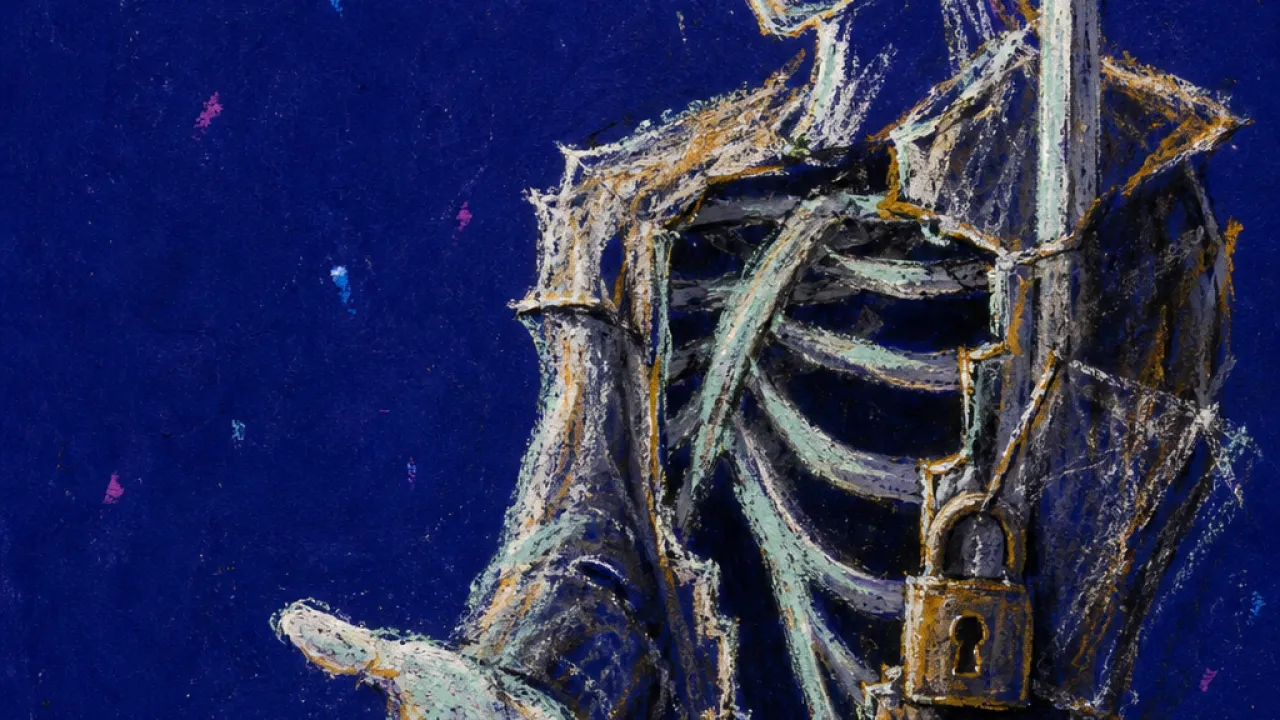The Hand Behind the Blade A solitary figure with an armored hollow chest, one hand extended past a cold silver blade in deep indigo space