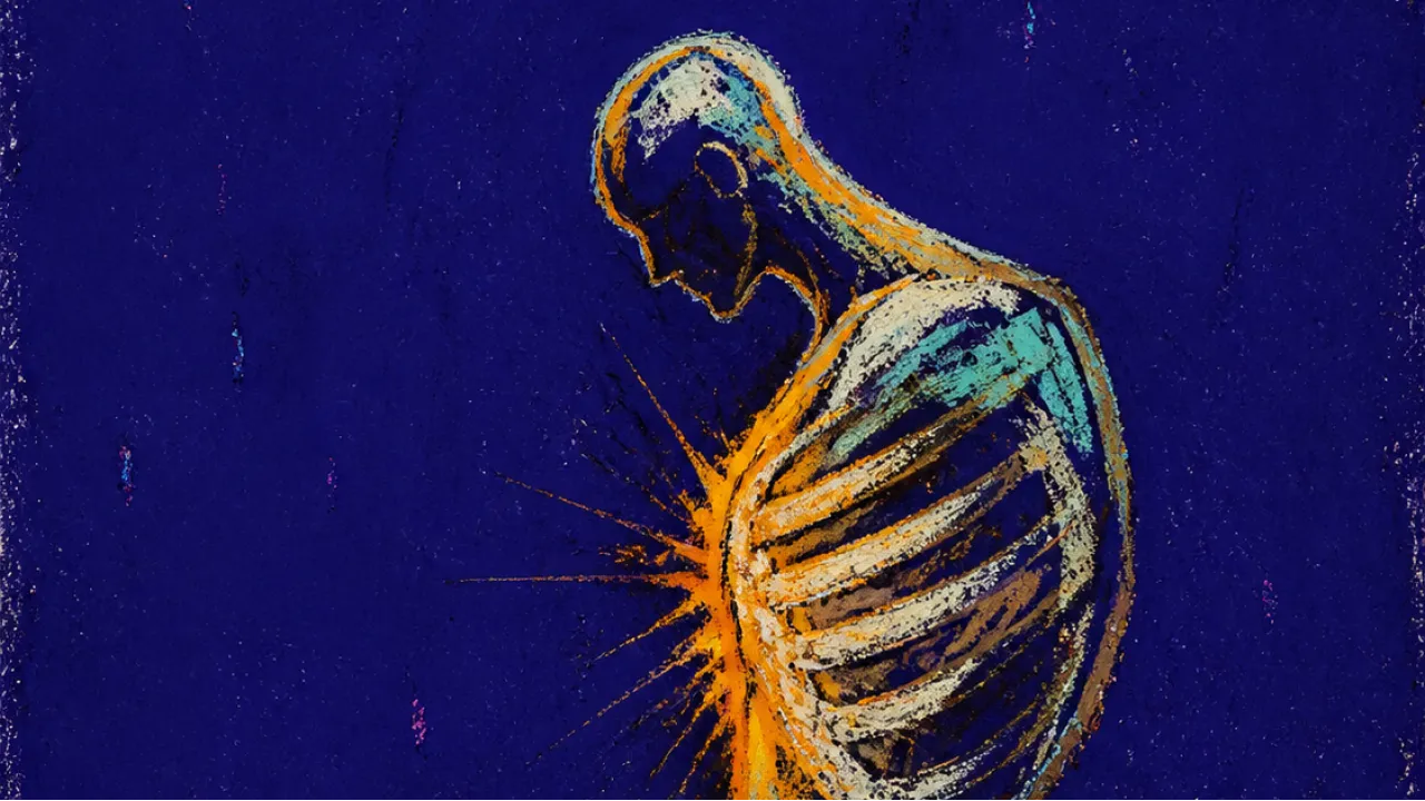 The Body Leans First A solitary figure in dark space, ribcage pulled forward where amber heat meets cold blue at a tight indigo edge