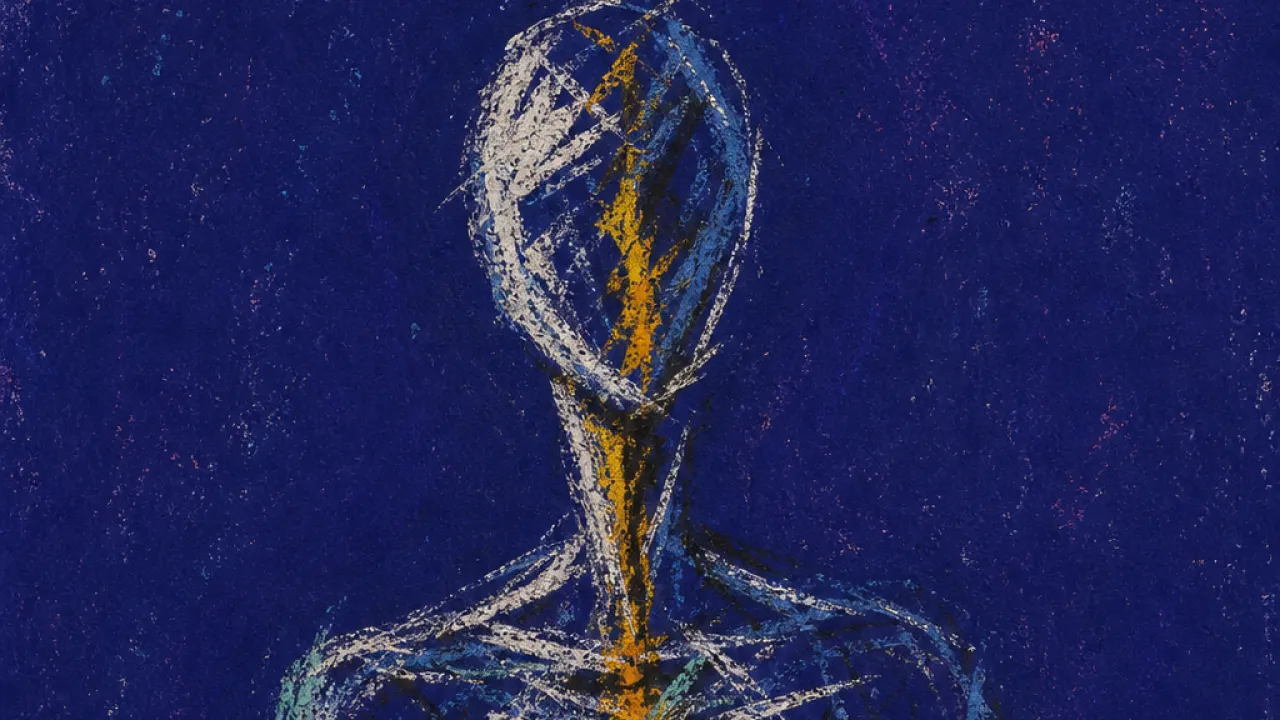 A solitary figure in deep indigo space, amber heat glowing from ribs to throat along a taut steel-blue line