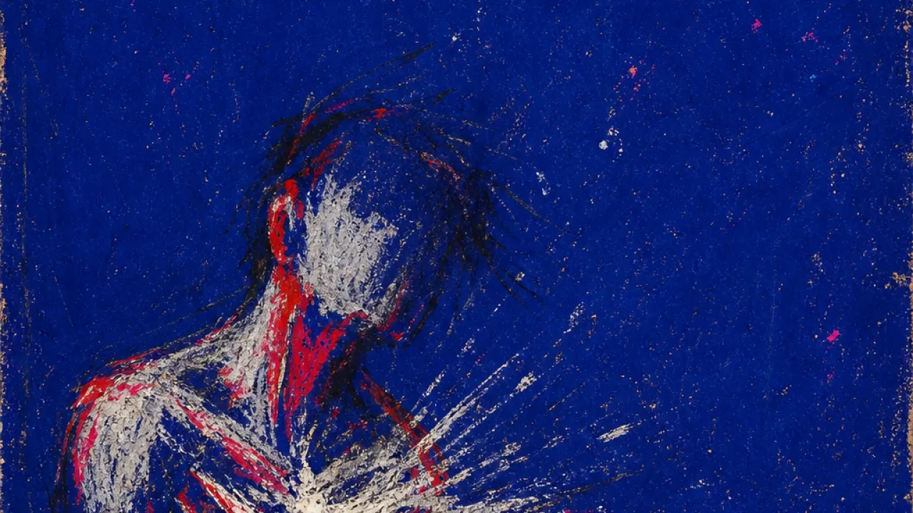 Already ahead of breath A solitary figure leaning forward with bright pressure at the ribs, silver and red lines cutting through deep indigo