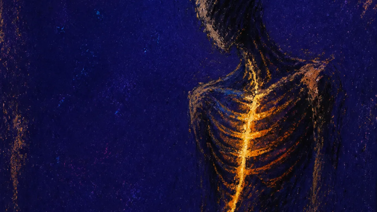 A solitary figure with glowing ribs and lifted shoulders, warm amber metal edging against deep indigo space