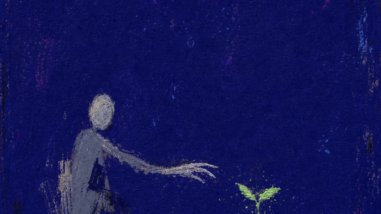 Spark Behind Frosted Glass A solitary figure with detached hands near a green sprout, cool grey layers separating touch from deep indigo space