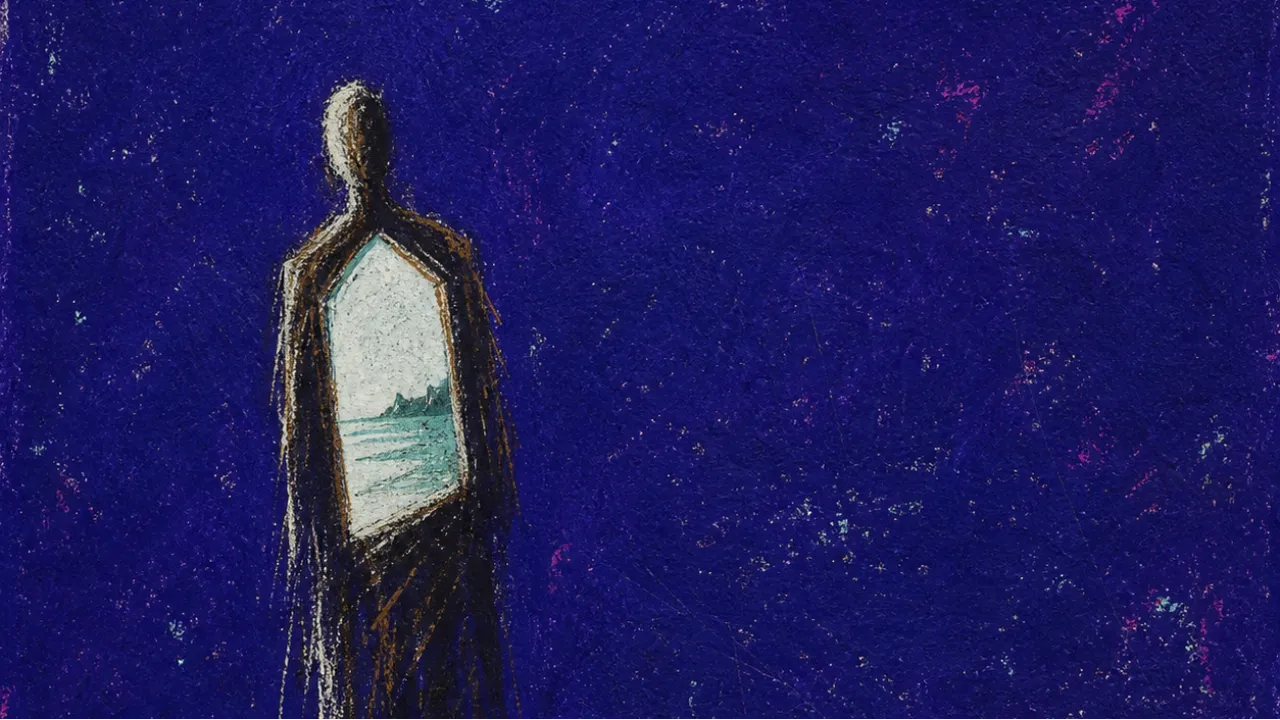 Between rooms and shorelines A solitary figure at a stone threshold, chest hollowed by pale teal light, distant coastline in deep indigo
