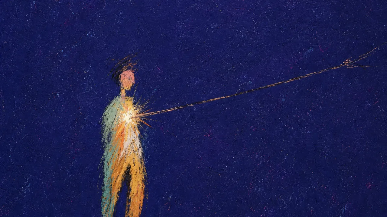 The thread across distance A solitary figure with a taut thread from the chest stretching into deep indigo space, amber light fading across distance