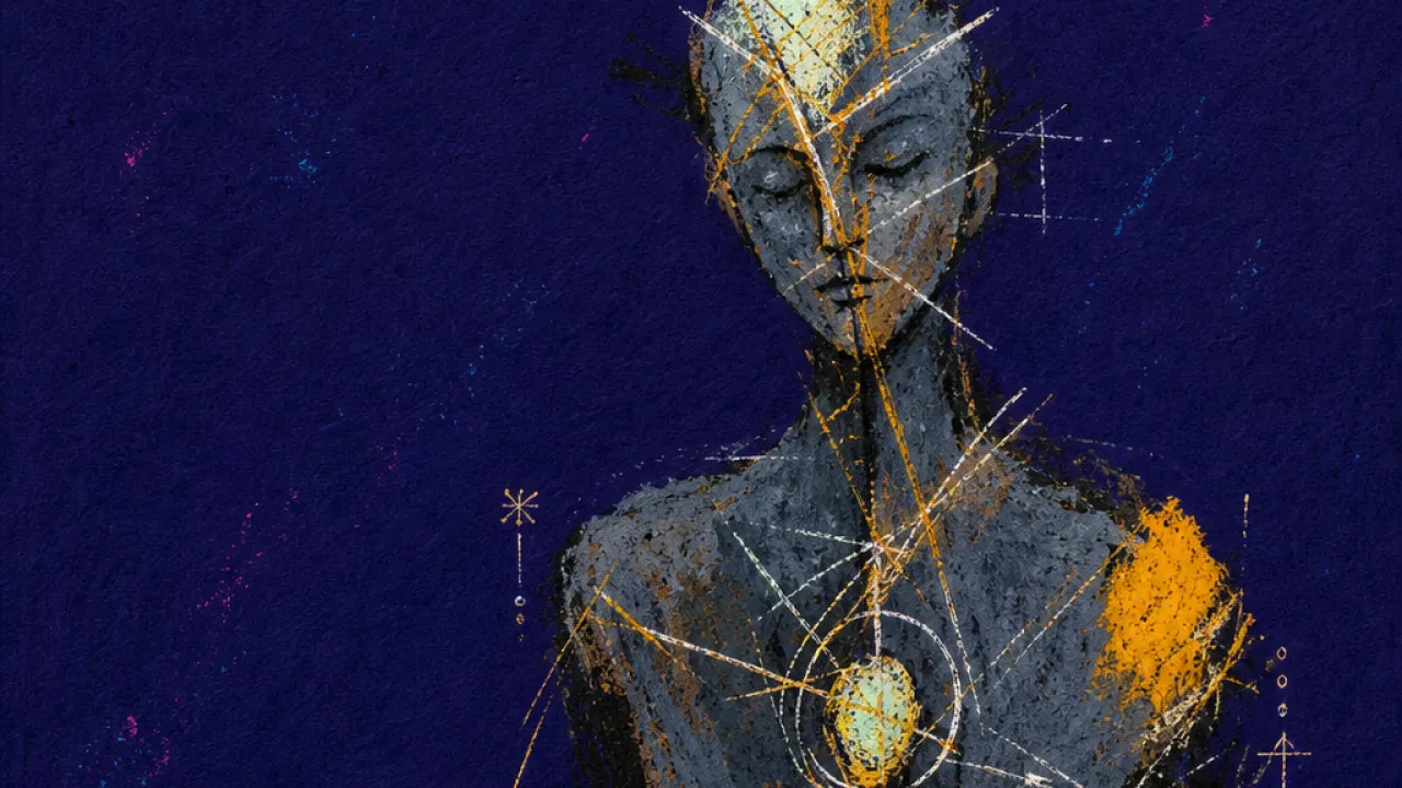 No Quiet Place to Land A solitary figure with crossed lines around the head and chest, sharp amber crackle against cool iron gray space