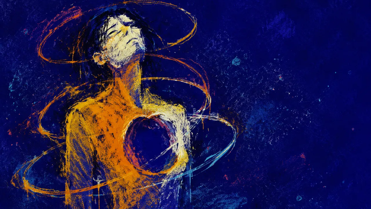 A solitary figure with raised shoulders and a hollow chest, enclosed by amber and white loops in deep indigo space