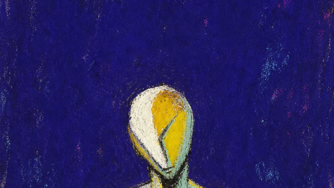 A solitary figure with tight chest lines and raised wand-like angles pressing inward in sharp amber against deep indigo
