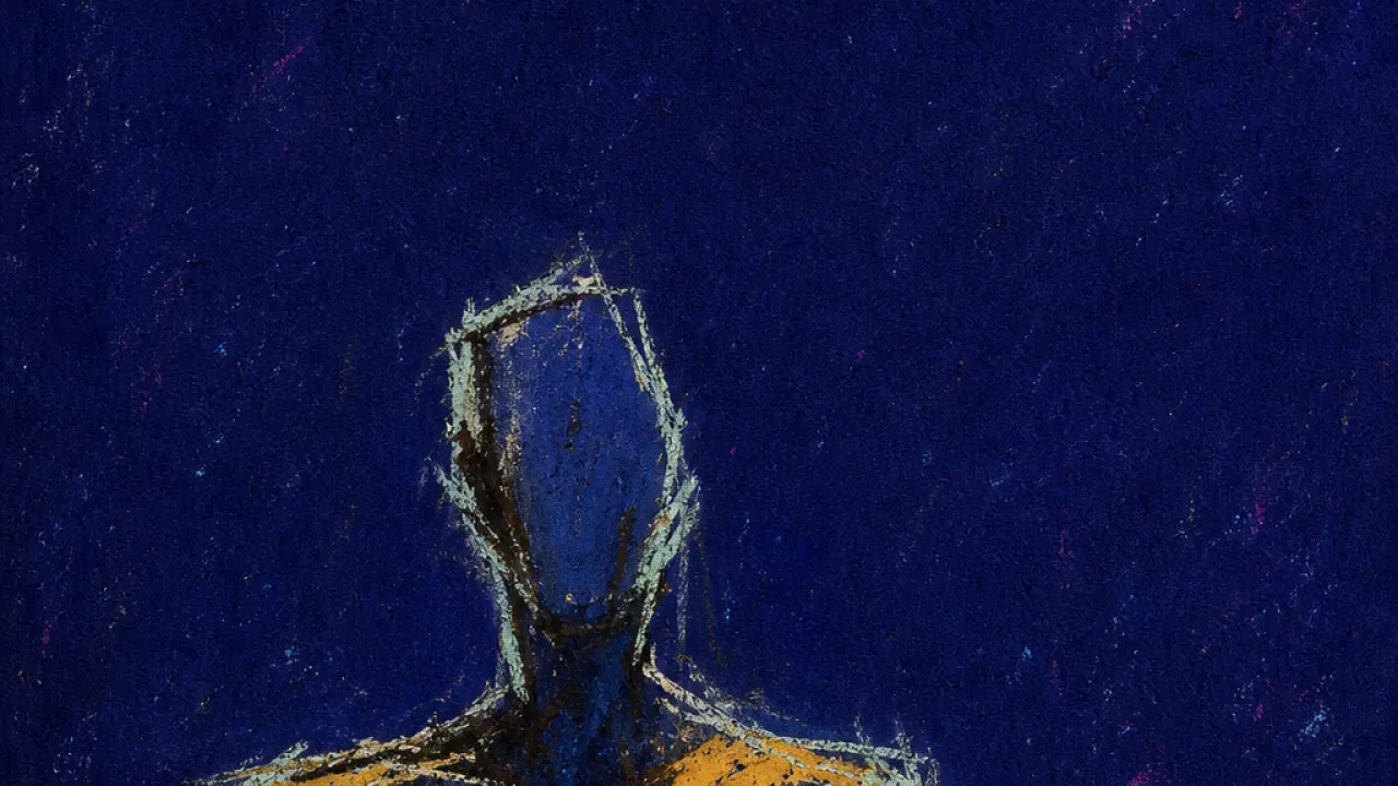 Upright on Empty Reserves A solitary figure with raised shoulders and a braced chest, dull amber warmth squeezed against deep indigo space