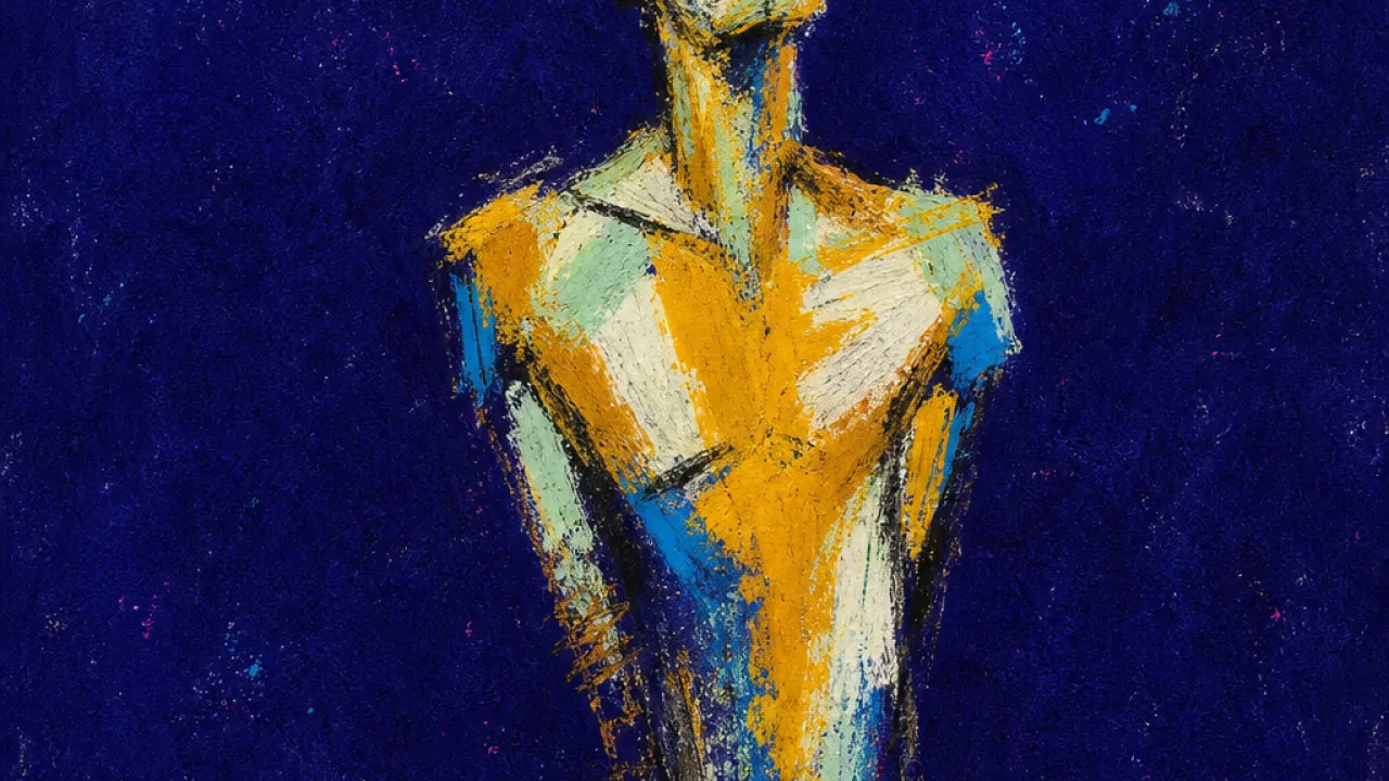 A solitary figure with lifted chest and squared shoulders, ember gold light held upright in deep indigo space