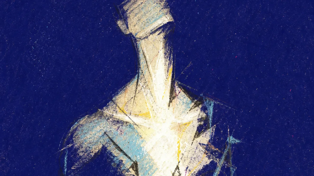Too Bright To Soften A solitary figure with a bright chest and throat, standing in dark open space where pale light leaves no shade