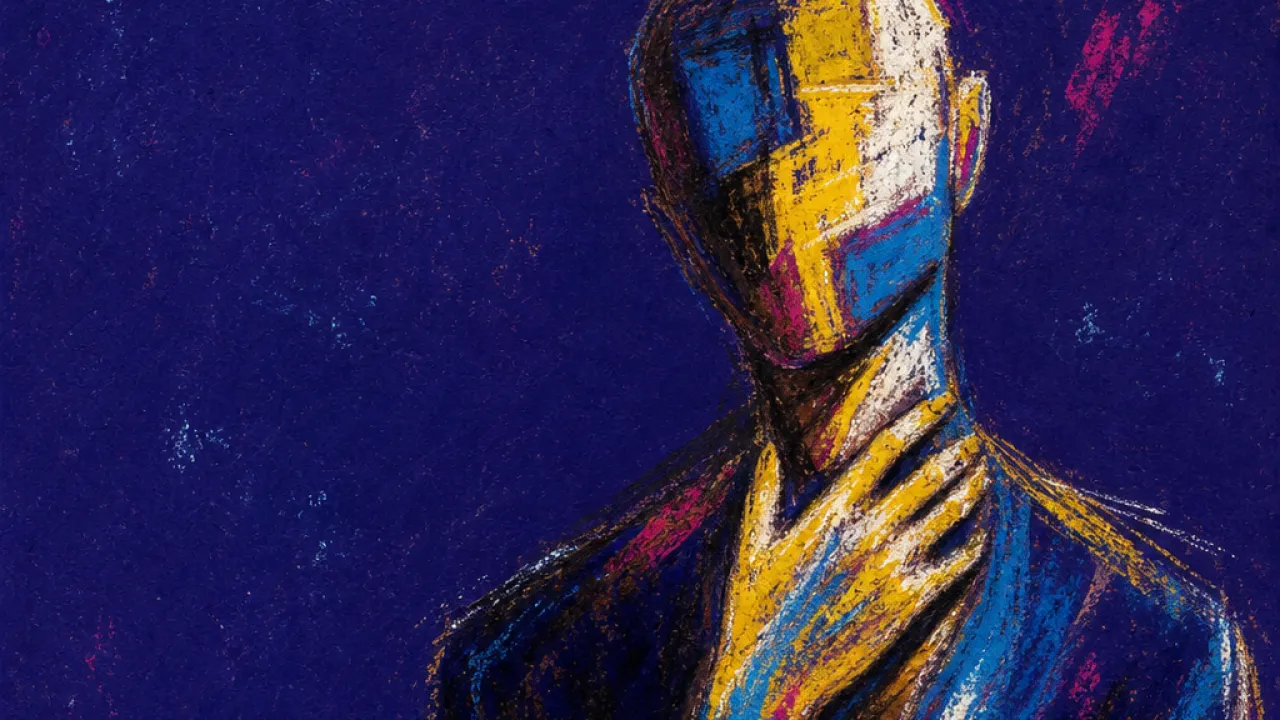 Before the Words Arrive A solitary figure with chest and throat held in tight static, warm amber pressing against cold blue space