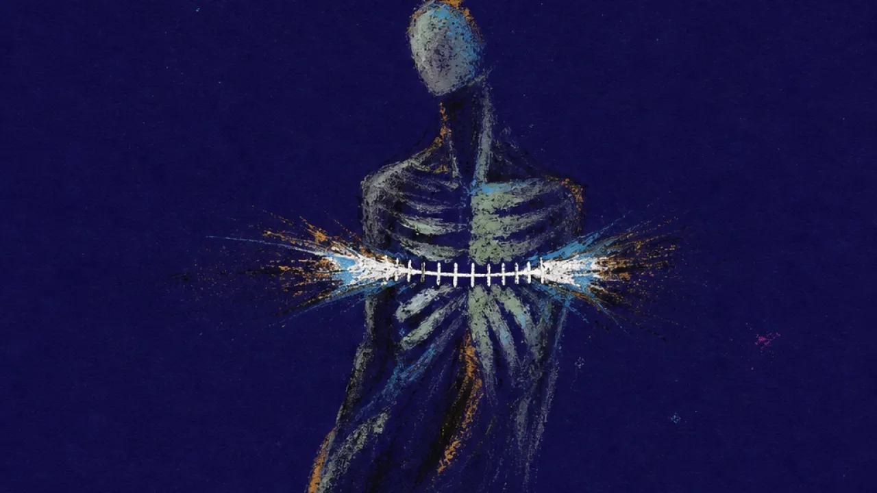 The math under the ribs A solitary figure in dark space with a bright number-line pressing around the ribcage, cold silver against burnt amber