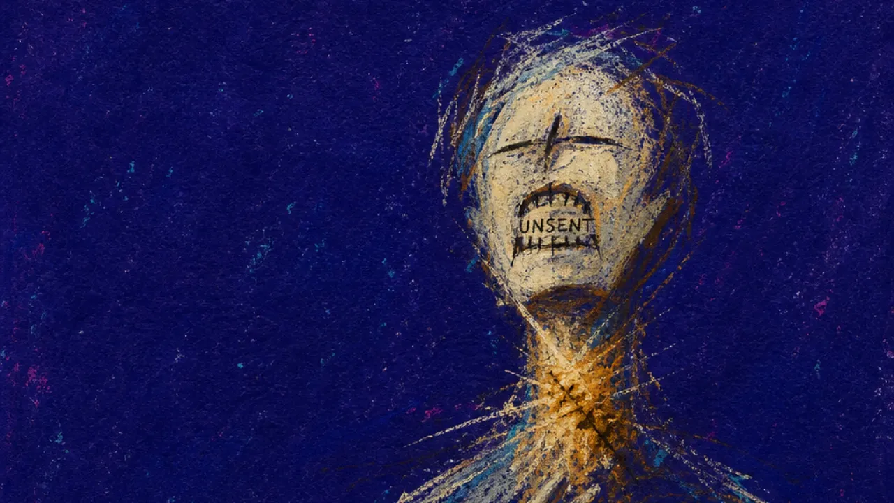 A solitary figure with muted chest and throat, amber tension behind the ribs fading into grey rain and deep indigo space