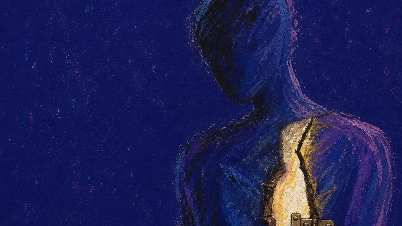The cracked door of light A solitary figure with a faint opening at the chest, warm gold light held behind dark indigo armor-like edges