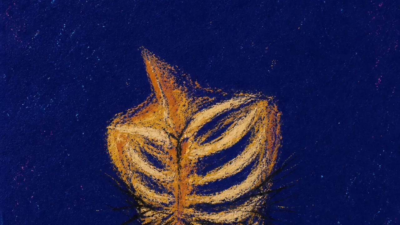 Stillness Under Pressure A solitary figure sitting still with tight bands around the ribs, warm amber pressure cutting through deep indigo space