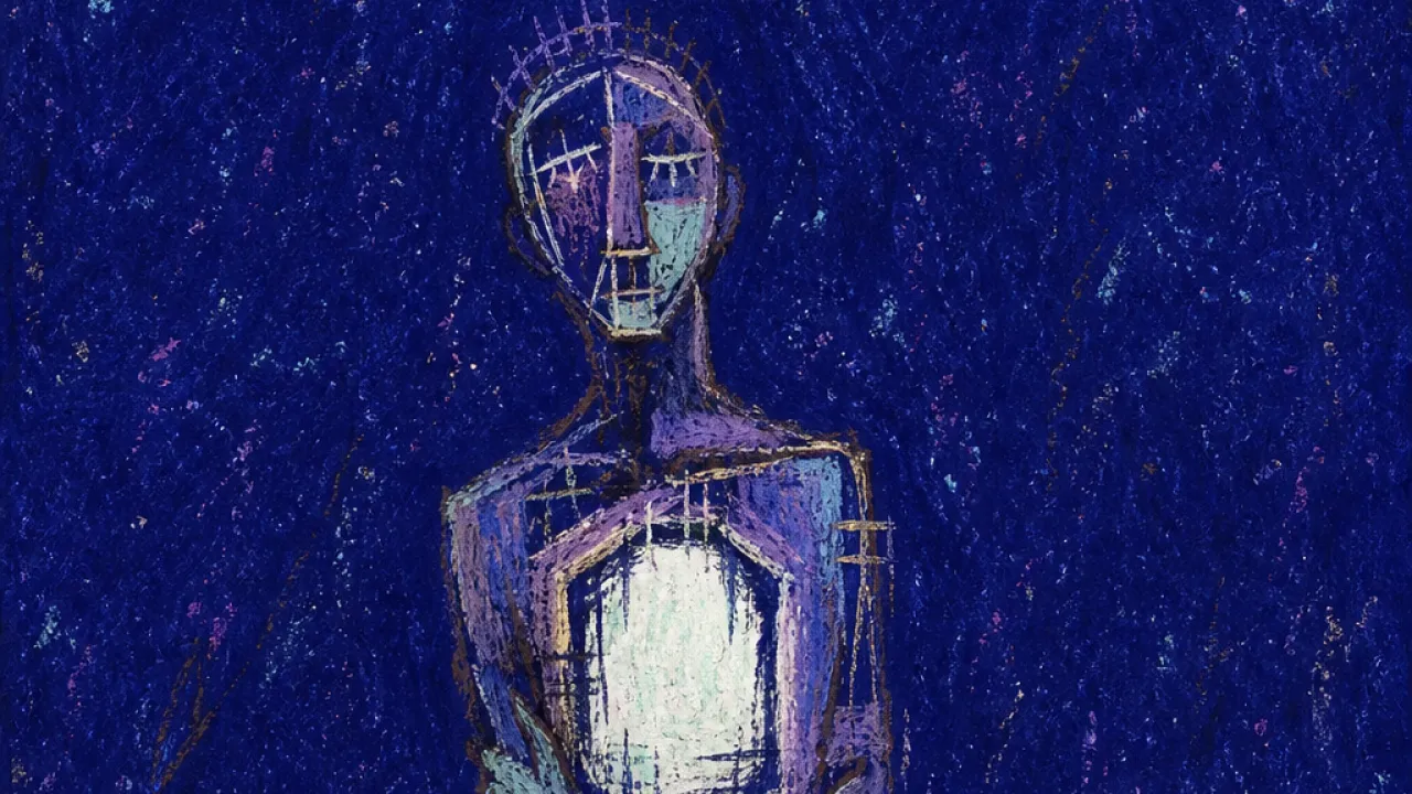 A solitary figure in deep indigo space, hollow chest lit by cold white glare while muted violet edges fade away