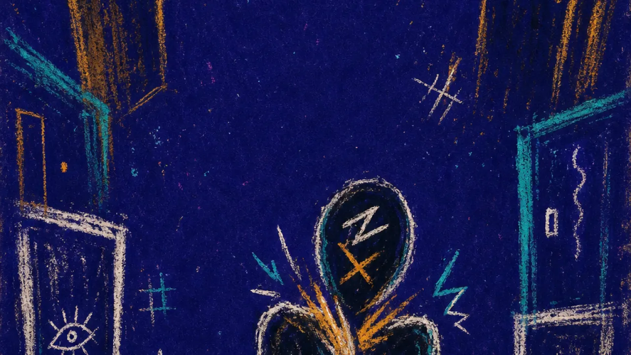 Too many open doors A solitary figure with raised shoulders and a tight chest, surrounded by amber and teal doorlike shapes in deep indigo