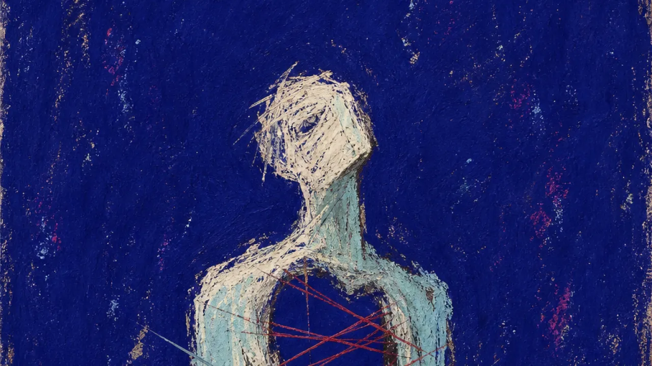 A solitary figure with a hollow chest-space and tight throat, rain-grey air crossed by thin crimson lines