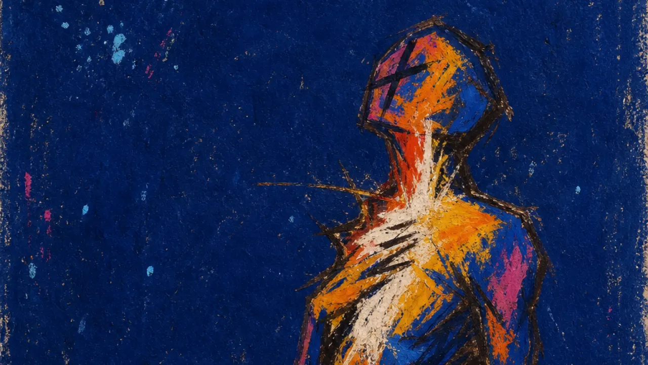 A solitary figure with tight bands around the chest and throat, warm amber edges compressed by deep indigo space