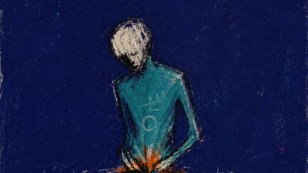 The Floor Won't Hold A solitary figure in deep indigo space, stomach area suspended above a tilting floor edge in cold teal and rust amber