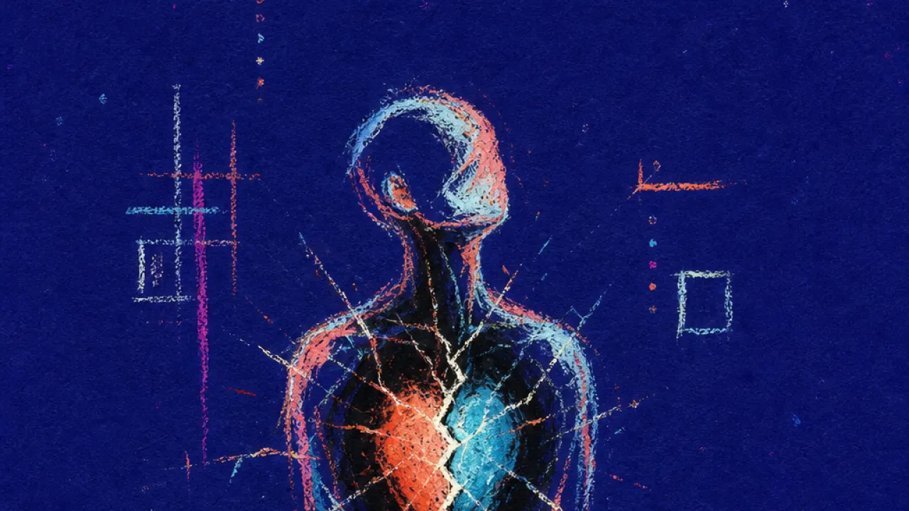 Too Many Glowing Doors A solitary figure with a glowing chest, surrounded by floating tabs of color in deep indigo space