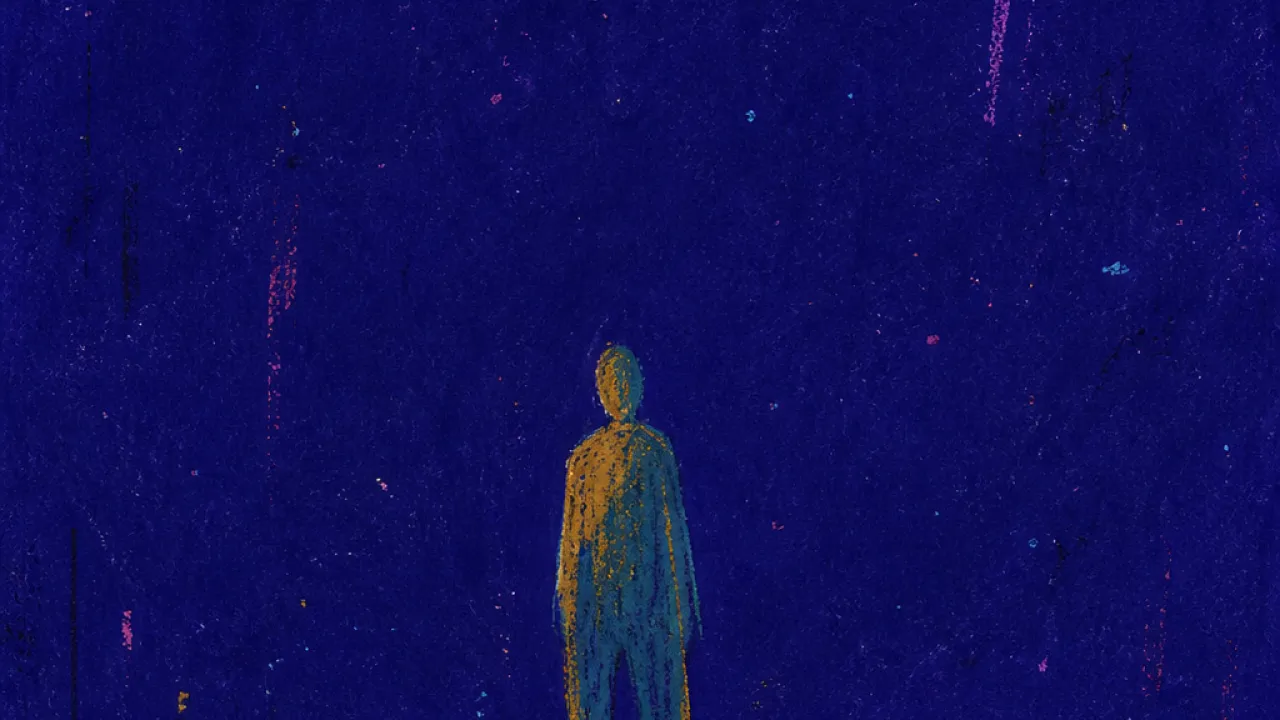 Steady weight, moving center A solitary figure with weighted feet on a dark floor, warm ochre lines rising through cool teal space