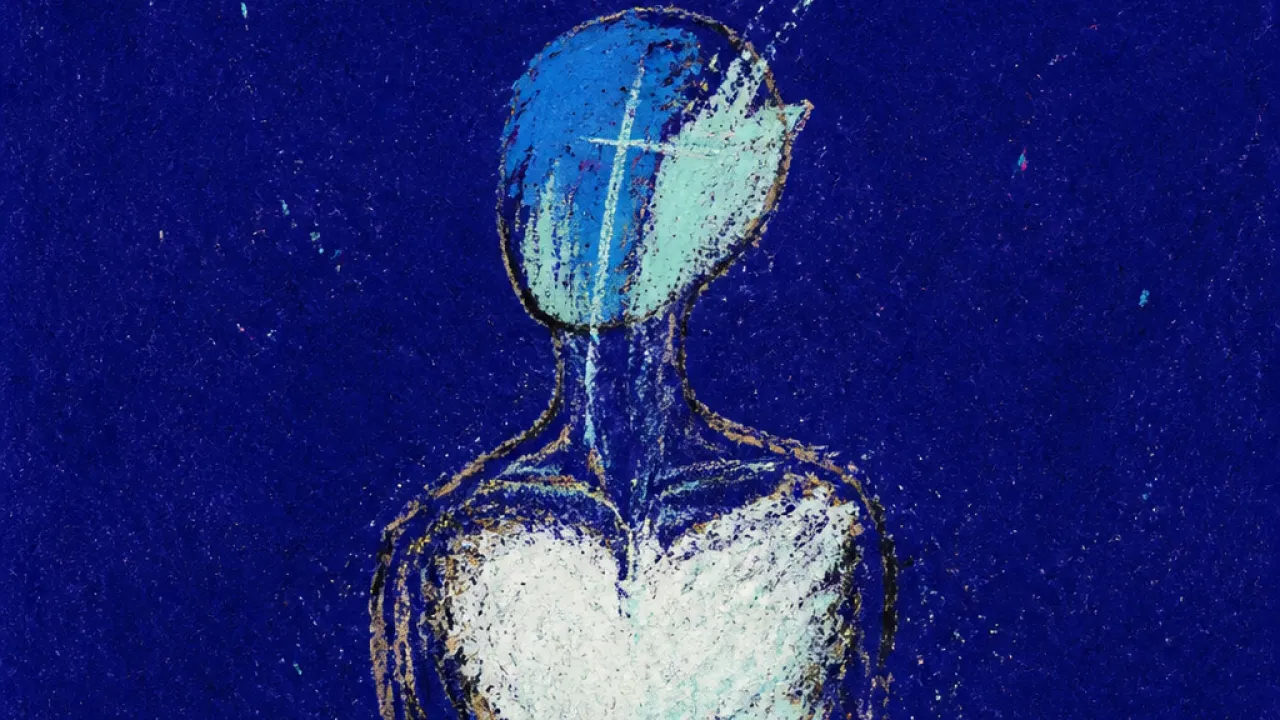 A solitary figure with faint fingerprints fading on glass, pale cyan light opening into a hollow chest against deep indigo