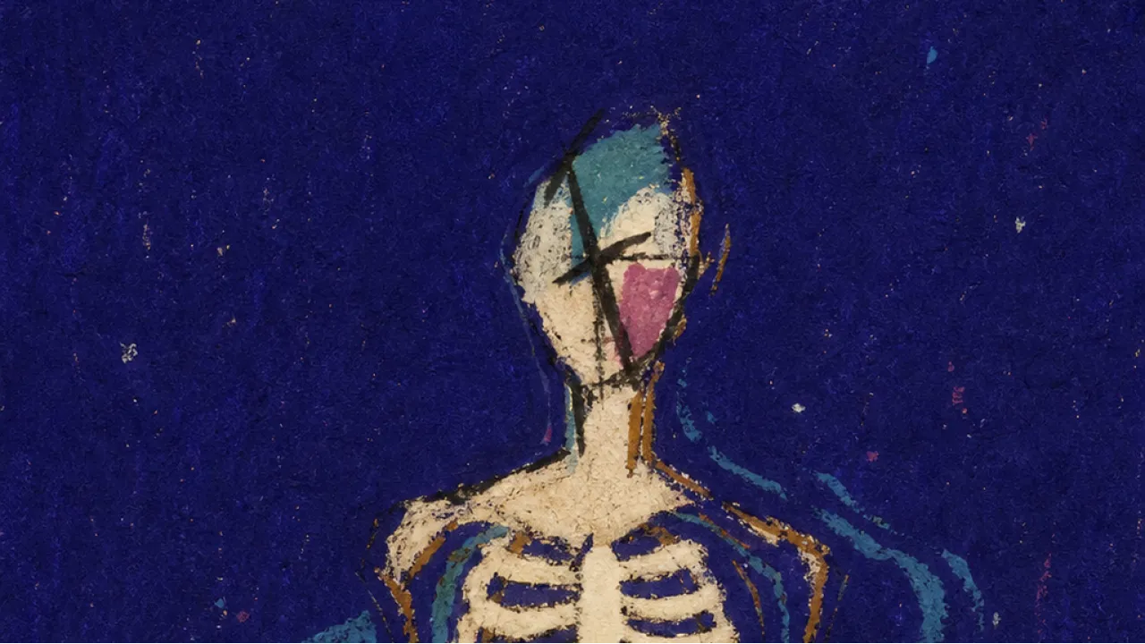A solitary figure with a soft glow around the ribs, standing between warm pearl light and deep indigo water